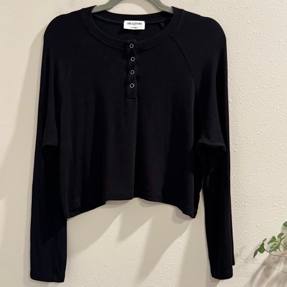 Lna Black Ribbed Long Sleeve Henley Crop Top
